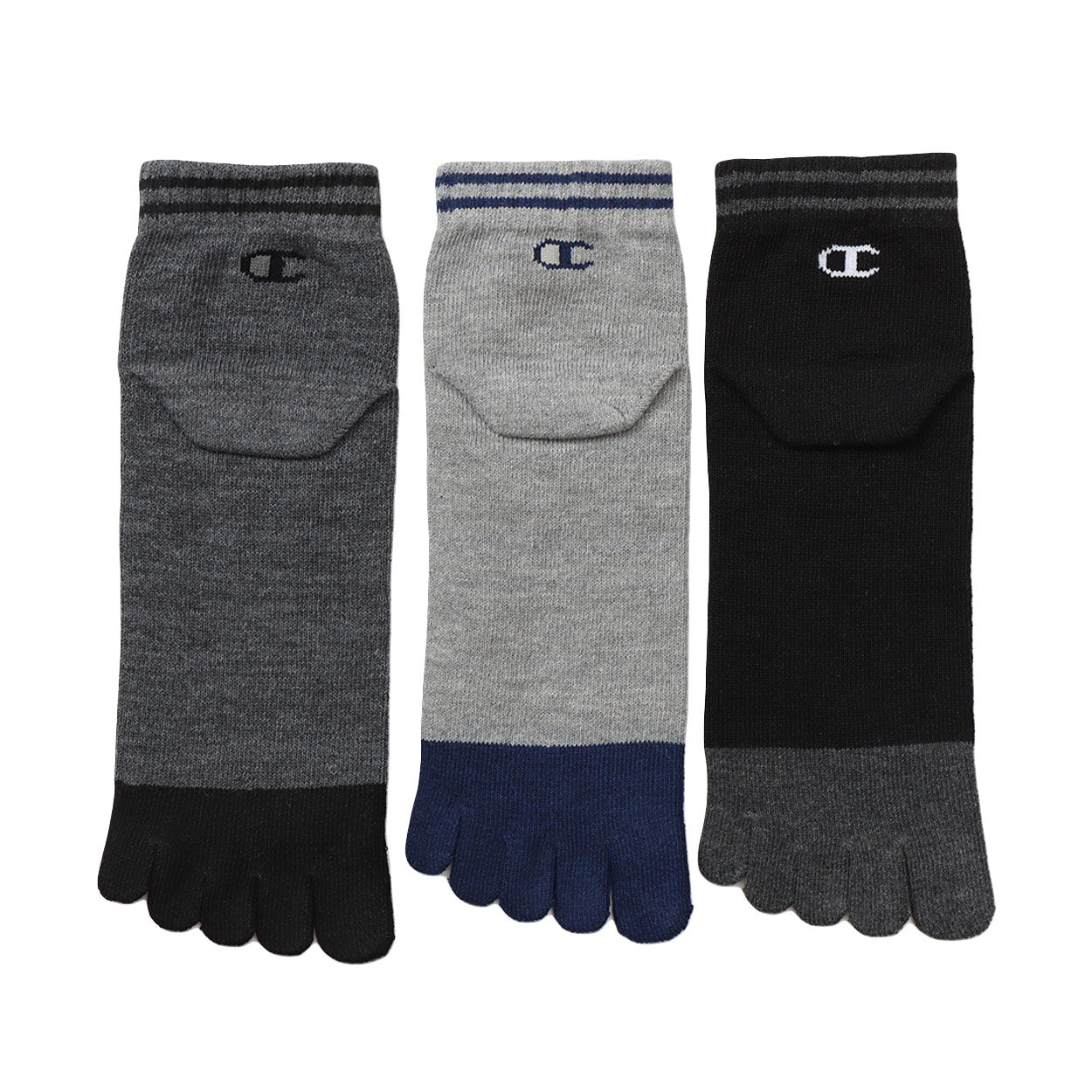 チャンピオン ソックス 3足組 メンズ 5本指ソックス ショート丈 靴下 ノンパイル コットン 黒 グレー 25-27cm (champion 紳士 靴下 25cm 25.5cm 26cm 26.5cm 27cm 綿混 セット)