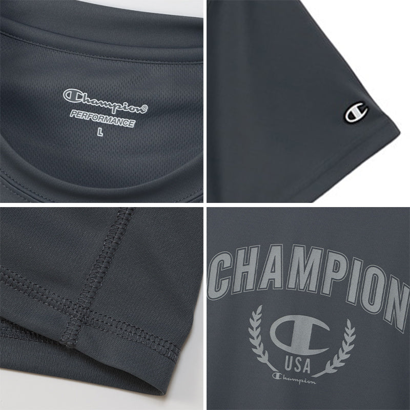Champion Tシャツ メンズ 半袖 紳士 ウエア シャツ トップス M L XL 吸汗 速乾 抗菌 防臭 紫外線 反射材 ロゴ シンプル ジム (在庫限り)