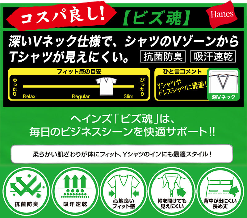 ヘインズ シャツ メンズ Vネック Tシャツ 2枚組 ビズ魂 3L~5L (Hanes 男性 紳士 抗菌防臭 吸汗速乾 V首 半袖 長め丈 大きいサイズ 大きめ 3L 4L 5L) (在庫限り)