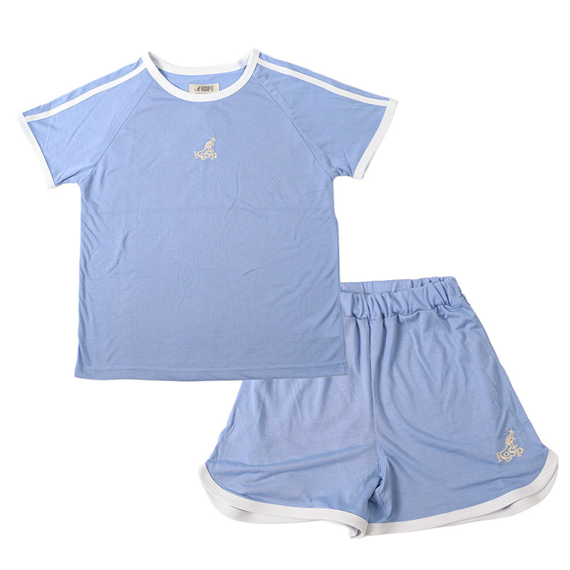 キッズ パジャマ 半袖 半ズボン 女の子 カンゴール 130 140 150 160 cm 子供 春 夏 ルームウェア 部屋着 上下セット セットアップ ジュニア 子供服 水色 ブルー 灰 グレー (在庫限り)