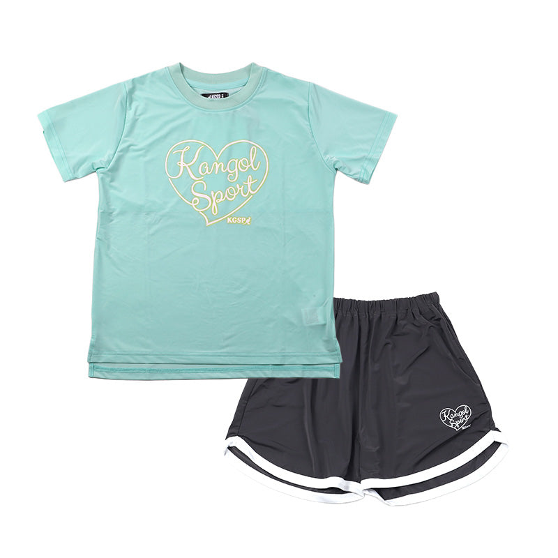 キッズ パジャマ 半袖 半ズボン 女の子 カンゴール 130 140 150 160 cm 子供 春 夏 ルームウェア 部屋着 上下セット ハーフパンツ セットアップ ジュニア 子供服 薄緑 グリーン 灰 グレー (在庫限り)