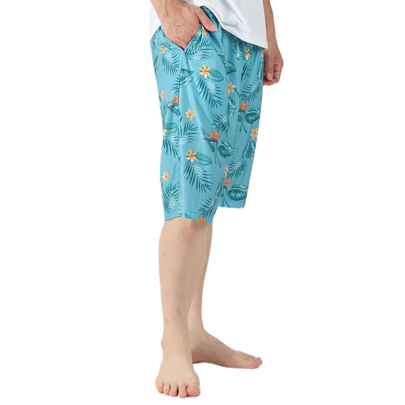 メンズ 冷感パンツ 6分丈 ルームパンツ M L LL 涼しい 部屋着 ハーフパンツ 夏 ボタニカル柄 接触冷感 薄手 軽い 柄パンツ パジャマ 男性用 おしゃれ 快適 ステテコ リラックスパンツ シダ柄 花柄 ポケット付き ウエストゴム 紐付き 洗える 室内着 部屋着メンズ (在庫限り)