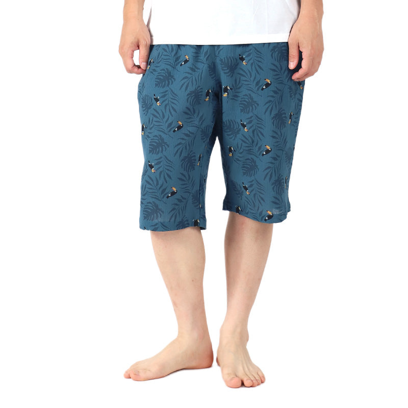 リラックスパンツ 綿100 メンズ 鳥柄 半ズボン 夏 パジャマ M L LL 夏パンツ 6分丈 ワイドパンツ ルームウェア ルームパンツ ステテコ ズボン ボトムス おしゃれ ワイルド ゆったり 父の日 プレゼント ギフト (在庫限り)