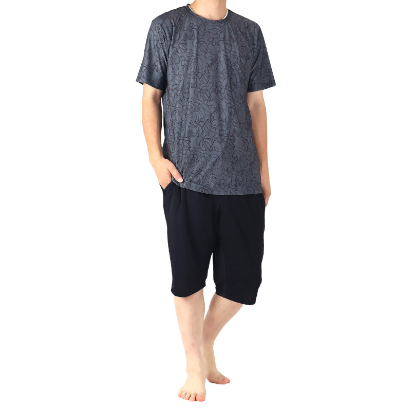 冷感 リラックスパジャマ メンズ ボタニカル柄 半袖 保冷 ひんやり 夏 パジャマ M L LL 夏パンツ 6分丈 夏ぱん ルームウェア セットアップ 上下セット つるつる ワイルド ゆったり 父の日 プレゼント ギフト (在庫限り)