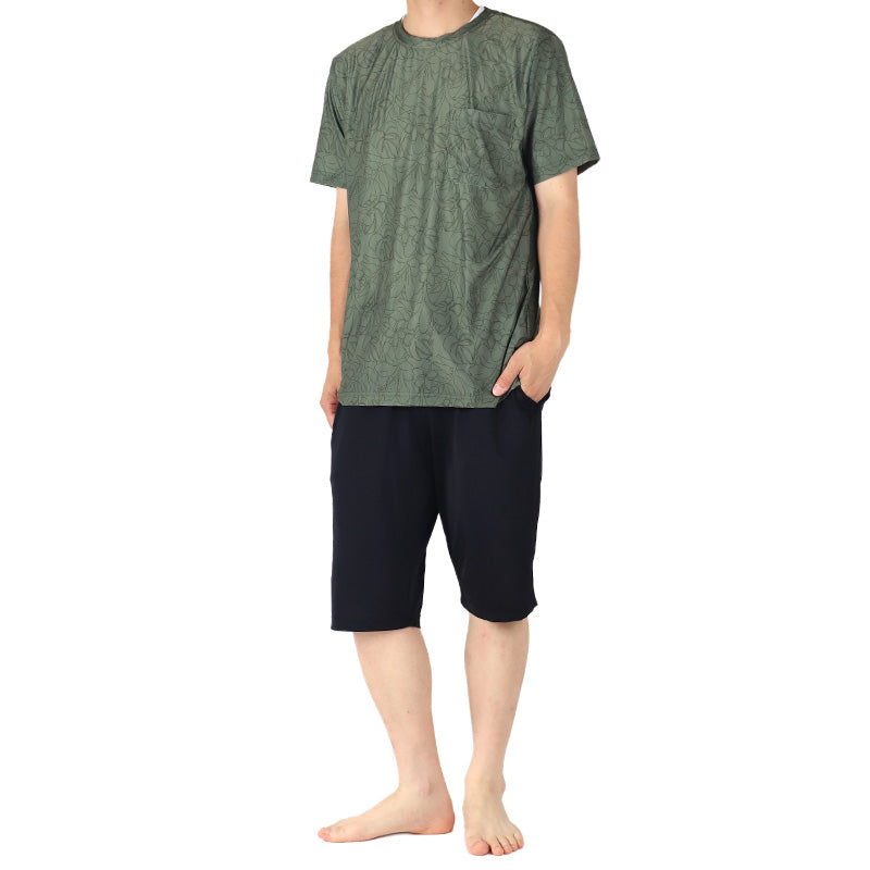 冷感 リラックスパジャマ メンズ ボタニカル柄 半袖 保冷 ひんやり 夏 パジャマ M L LL 夏パンツ 6分丈 夏ぱん ルームウェア セットアップ 上下セット つるつる ワイルド ゆったり 父の日 プレゼント ギフト (在庫限り)