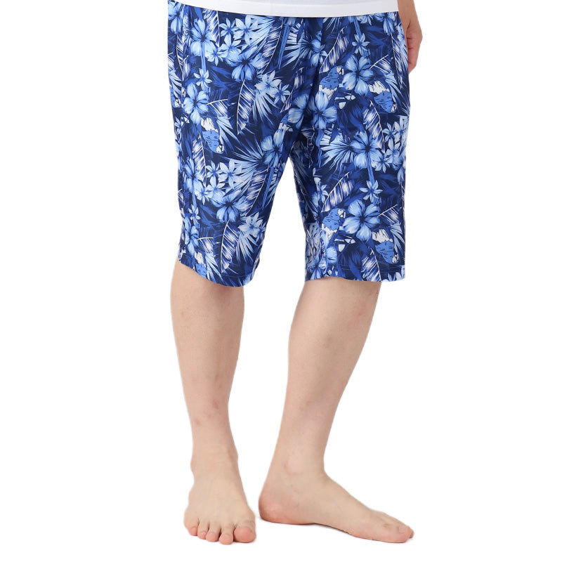 メンズ ルームウェア 涼感パンツ 接触冷感 ひんやりパンツ 6分丈パンツ M L LL ハーフパンツ クールパンツ リラックスパンツ ボタニカル柄 ハイビスカス柄 鳥柄 ベア天竺 ウエストゴム 紐調整 ポケット付き クロ コン 夏用 (在庫限り)