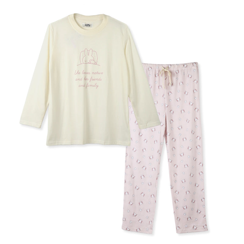 ミッフィー レディース パジャマ 長袖 薄手 セットアップ 上下セット M L LL 部屋着 ルームウェア 秋 春 miffy かわいい キャラクター グッズ 服 大人女子 リラックス おしゃれ 天竺 トップス ボトムス ゴム 母の日 プレゼント ギフト