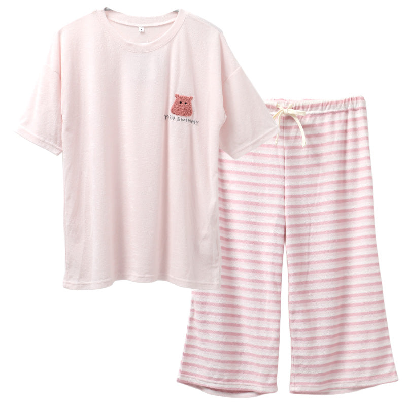 ゆるすいみー パジャマ レディース 半袖 7分丈パンツ パイル生地 ルームウェア 上下セット M L LL 夏 部屋着 婦人 レーヨン混 かわいい 春夏 ナイトウェア 寝巻き ゆったり さらさら 女子 ルームウエア キャラクター プレゼント ギフト