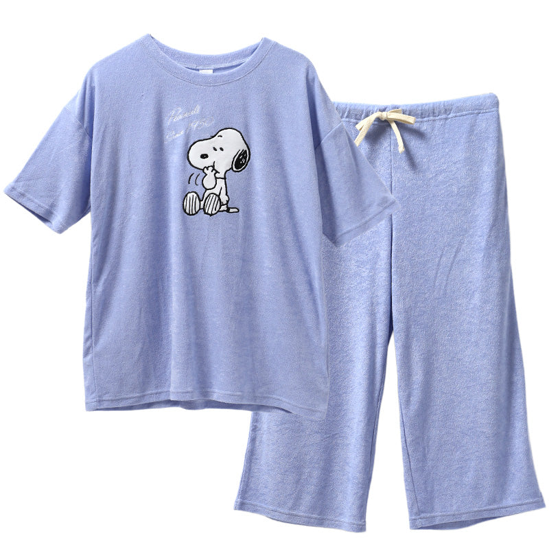 パジャマ レディース 半袖 7分丈パンツ 上下セット SNOOPY スヌーピー パイル M L LL レーヨン混 ふんわり やわらか 春 夏 部屋着 ルームウェア ナイトウェア 婦人 大人 キャラクター おしゃれ かわいい リラックス 寝巻き プレゼント ギフト