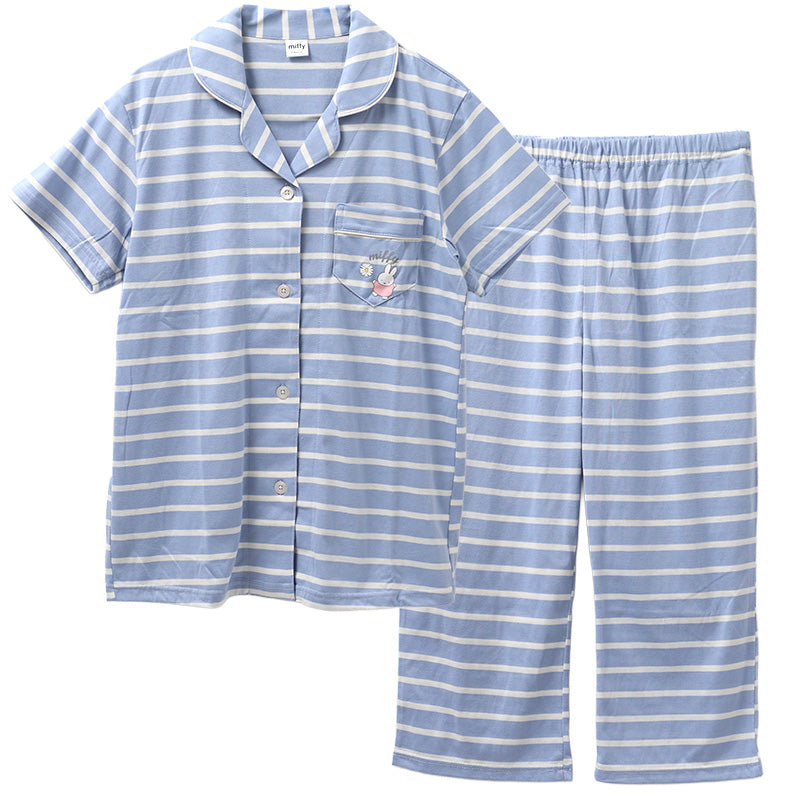 miffy ミッフィー レディース パジャマ 上下セット 半袖 7分丈パンツ 前開き シャツ M L LL 天竺 ボーダー ルームウェア 部屋着 婦人 キャラクター ナイトウェア 寝巻き 春 夏 やわらか 綿混 かわいい ゆったり 快適 おしゃれ 旅行 入院準備 ギフト