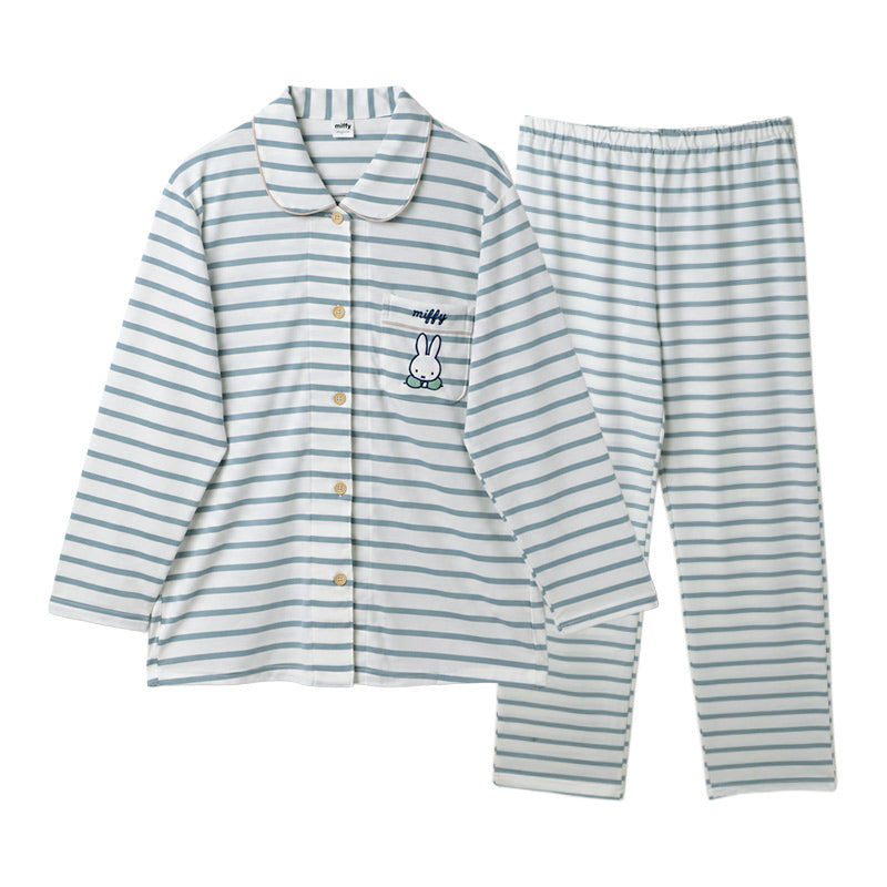 ミッフィー パジャマ レディース 長袖 上下セット 前開き ルームウェア miffy M L LL ボーダー柄 ミニ裏毛 春 秋 冬 婦人 女性用 ナイトウェア 部屋着 寝巻き 寝間着 長ズボン パジャマセット キャラクター かわいい おしゃれ 大人用 襟付き