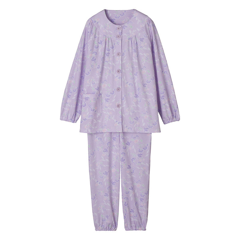 婦人 大きめボタンパジャマ 上下セット 3L・4L 綿混 介護 パジャマ ねまき 寝間着 大きいサイズ ピンク色 桃色 紫色 花柄 フラワー (送料無料) (取寄せ)