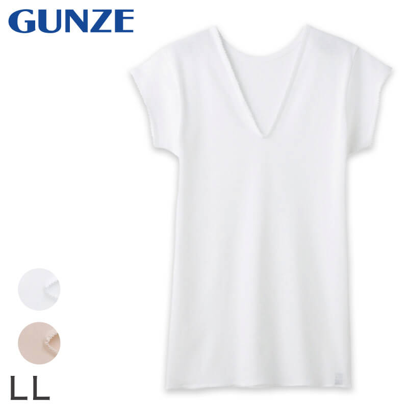グンゼ 快適工房 婦人 フレンチ袖Vネック スリーマー LL (レディース 半袖 シャツ GUNZE 綿100% V首 女性 下着 肌着 インナー 白 ベージュ やわらか 日本製 大きいサイズ) (在庫限り)