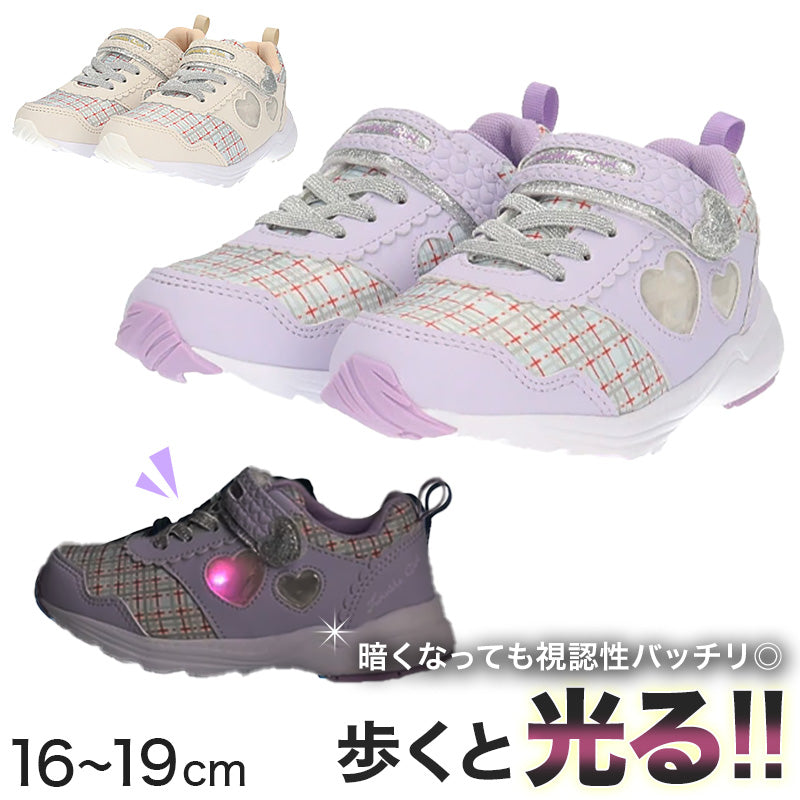 スニーカー キッズ 女の子 靴 子供 女児 子ども 光る 光るスニーカー むらさき ベージュ 16cm 17cm 18cm 19cm 通学 子供用 ジュニア 小学生 かわいい 通学靴 登校 (送料無料) (取寄せ)