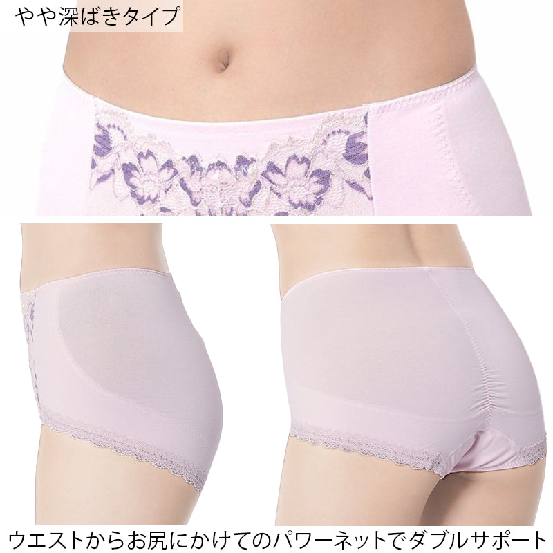 福助 満足 ガードルショーツ お腹 ヒップアップ やや深履き M~LL レディース 下着 補正 パンツ 深ばき 補整 インナー 引き締め レース 花柄