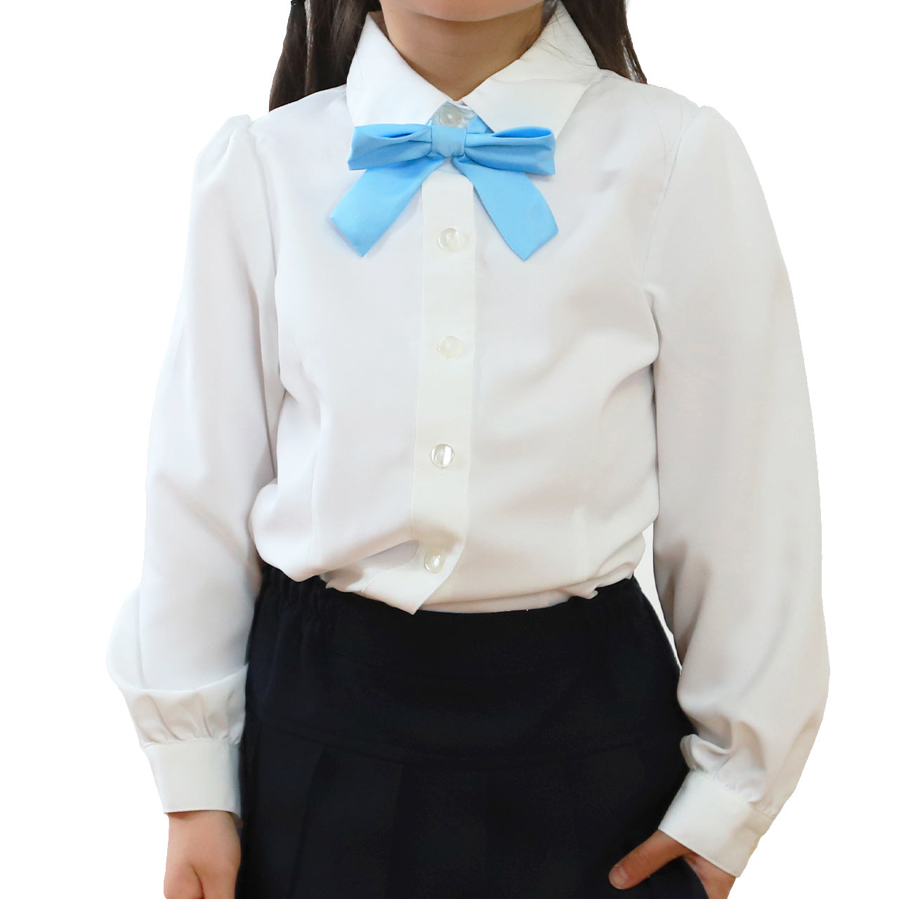 キッズ ブラウス 長袖 女の子 スクールシャツ リボンタイ付き 100cm~130cm 女子 子供 フォーマル シャツ 丸襟 角衿 通園 通学 100 110 120 130 ノーアイロン