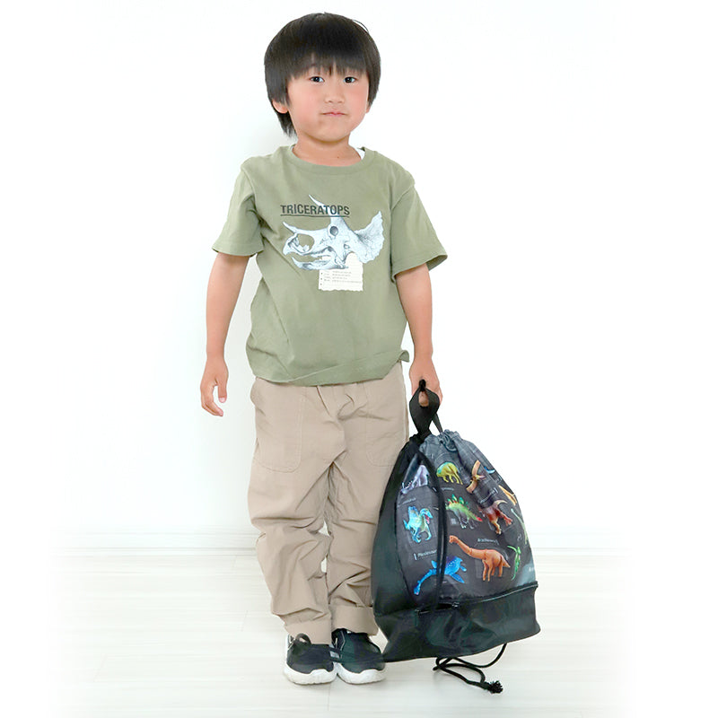 アニア 恐竜 2層ナップサック スイムバッグ 約28×40×17.5cm 子供 スクール 学校 水泳バッグ サブバック プールバッグ 小学校 男子 シンプル (在庫限り)