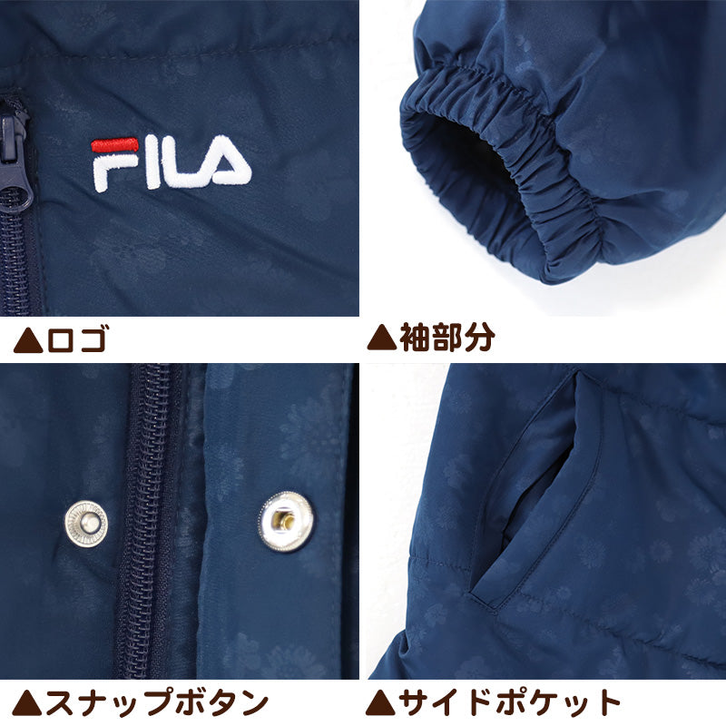 ベンチコート レディース おしゃれ FILA M~LL (中綿コート スポーツウエア フィラ 花柄 エンボス 暖かい 女性 冬 フード付き ハーフ 防寒着 コート) (送料無料) (在庫限り)