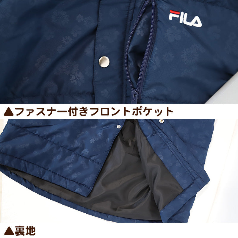 ベンチコート レディース おしゃれ FILA M~LL (中綿コート スポーツウエア フィラ 花柄 エンボス 暖かい 女性 冬 フード付き ハーフ 防寒着 コート) (送料無料) (在庫限り)