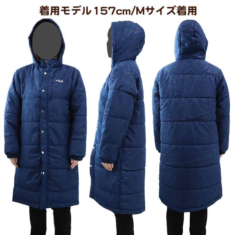 ベンチコート レディース おしゃれ FILA M~LL (中綿コート スポーツウエア フィラ 花柄 エンボス 暖かい 女性 冬 フード付き ハーフ 防寒着 コート) (送料無料) (在庫限り)