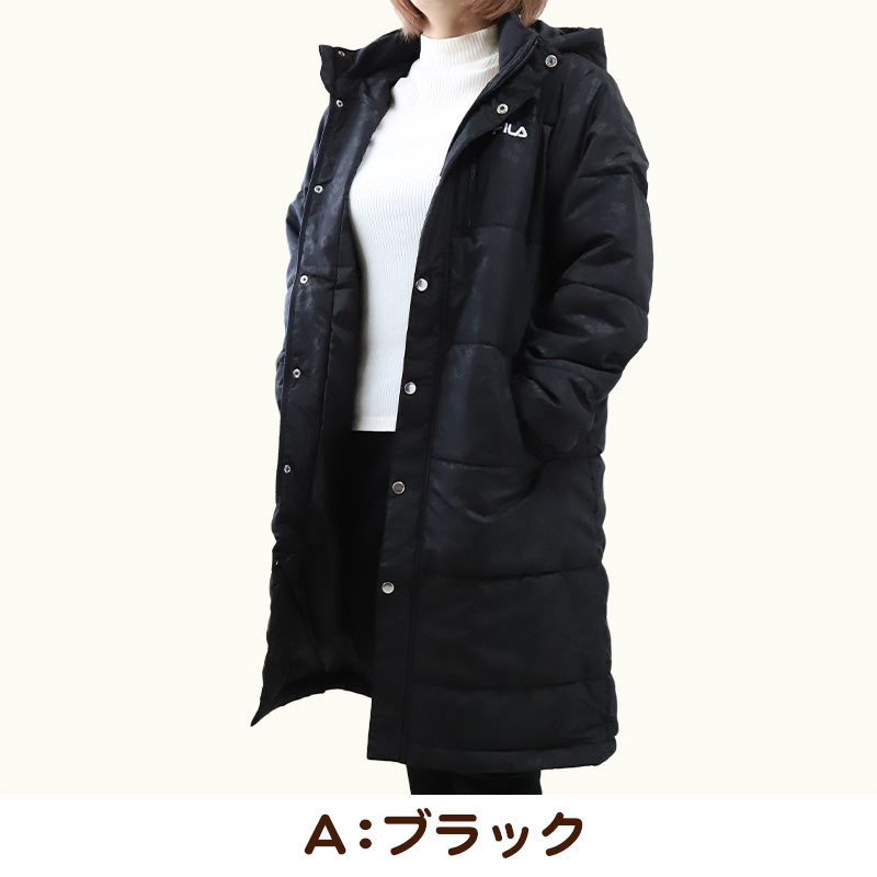 ベンチコート レディース おしゃれ FILA M~LL (中綿コート スポーツウエア フィラ 花柄 エンボス 暖かい 女性 冬 フード付き ハーフ 防寒着 コート) (送料無料) (在庫限り)