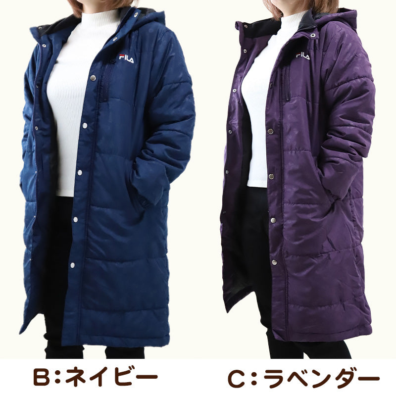 ベンチコート レディース おしゃれ FILA M~LL (中綿コート スポーツウエア フィラ 花柄 エンボス 暖かい 女性 冬 フード付き ハーフ 防寒着 コート) (送料無料) (在庫限り)