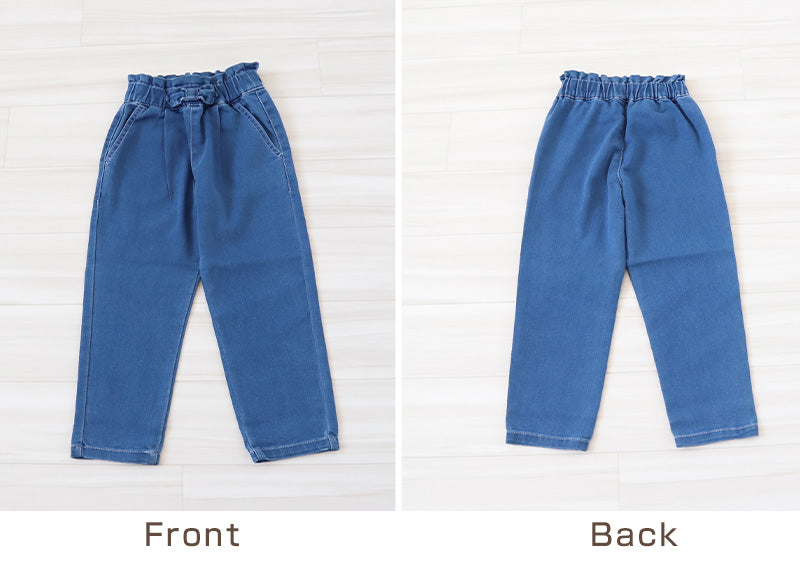 女の子 デニム 長ズボン テーパードパンツ リボン付き キッズ 子供服 パンツ 110~130cm ズボン ロングパンツ ジーンズ ジーパン ボトム ボトムス ガールズ ガール 女子 ジュニア 女児 子供 通園 通学 デイリー