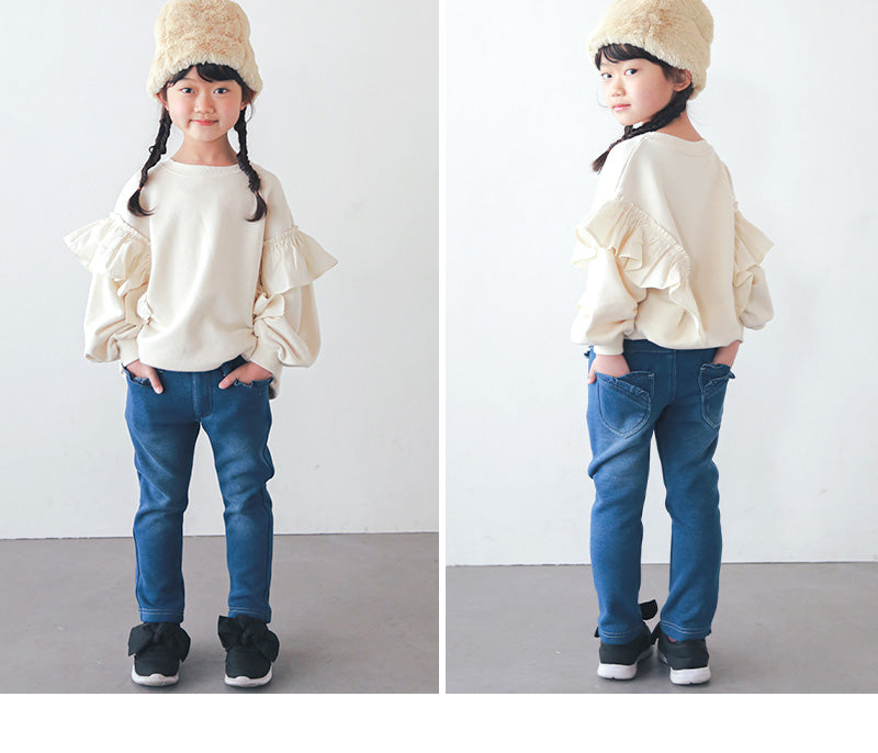 女の子 裏起毛 デニム 長ズボン ロングパンツ ボトムス 90~160cm (スキニーパンツ シャギーパンツ デニム ジーパン ジーンズ ストレッチ ズボン キッズ ジュニア こども 子供 子供服 ボトムス 通園 通学 デイリー) (在庫限り)