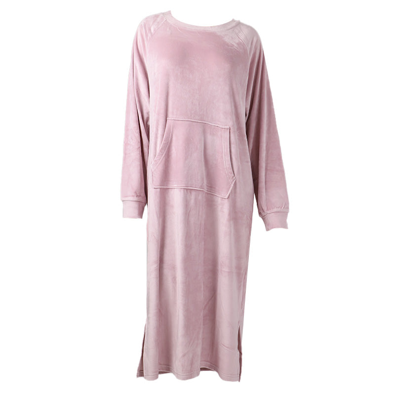 ルームワンピース レディース 秋 冬 ベロア パジャマ 薄手 起毛 伸縮性 ルームウエア M L のびのび 部屋着 くすみ シャギー 女性 婦人 やわらかい 長袖 ポケット 寒さ対策 冷え対策 防寒