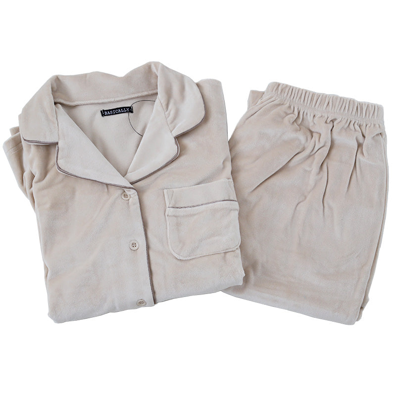 パジャマ レディース 秋 冬 かわいい 前開き 長袖 M-L ベロア やわらかい シンプル ストレッチ 薄手 上下 シャギー ルームウエア 無地 婦人 ピンク 黒 紺 ベージュ 水色 グレー (在庫限り)