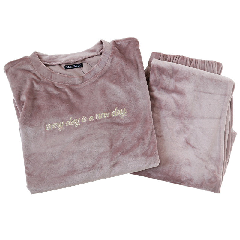 パジャマ レディース 秋 冬 かわいい 丸首 長袖 M-L ベロア やわらかい シンプル ストレッチ 薄手 上下 シャギー ルームウエア 無地 婦人 ピンク 黒 紺 ベージュ 水色 グレー