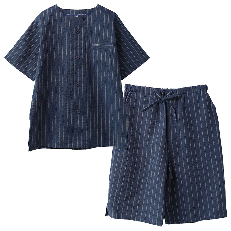 メンズ パジャマ 甚平 クロコダイル 綿100% しじら織り 前開き 上下セット 半袖 ハーフパンツ M L LL 夏 春夏 涼しい さらっと 肌離れ ゆったり 部屋着 ルームウェア 寝間着 紳士 男性 父の日 ギフト ウエストゴム リラックス