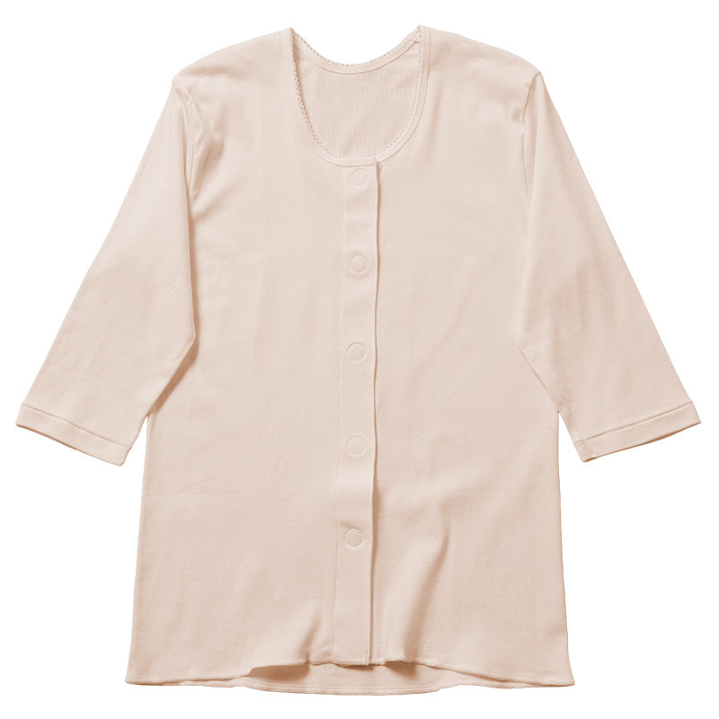 ワンタッチ肌着 レディース 前開き 7分袖シャツ 綿100 CARON キャロン M L LL 制菌 消臭 ソフトワンタッチテープ 婦人 肌着 下着 インナー 介護 入院 シニア 高齢者 着脱簡単 面ファスナー 女性用 介護肌着 前あき 七分袖 コットン 介護インナー