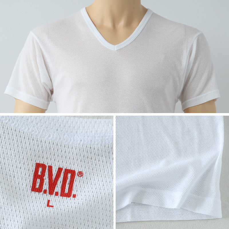 BVD インナー メンズ 半袖 vネック tシャツ 下着 メッシュ 2枚組 M~LL bvd インナーシャツ 肌着 v首 春夏 ホワイト 白 M L LL (在庫限り)