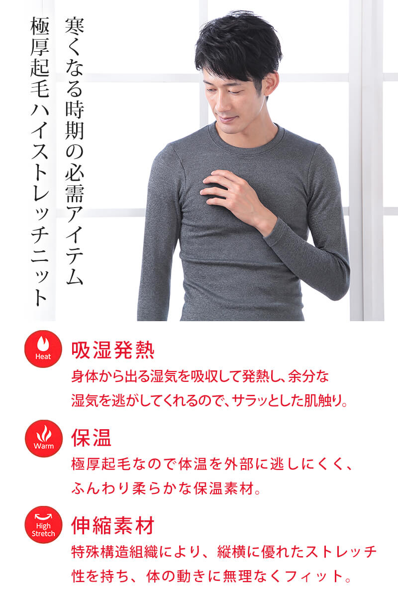 グンゼ POLO インナー 長袖 メンズ 肌着 冬 厚手 裏起毛 クルーネック 暖かい M~LL (紳士 下着 シャツ あったか 防寒 丸首 吸湿発熱 保温) (在庫限り)