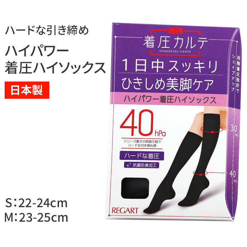 着圧ハイソックス 黒 レディース S M 22 - 25 cm サポーター 着圧 抗菌防臭 日本製 着圧ソックス むくみ 疲れ ひきしめ 美脚 サポート 立ち仕事 肉離れ 冷え対策 着圧カルテ メディックピエド MedicPiedo 23 24