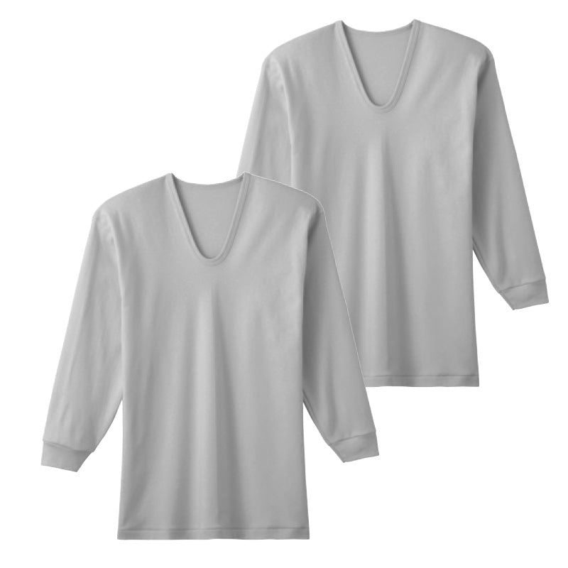 グンゼ あったか インナー 綿100% メンズ 長袖 U首 厚手 2枚組 S~LL 下着 肌着 グレー 白 厚地 Uネック 綿100 2枚 セット 大きいサイズ 小さいサイズ 暖かい 温かい 防寒 冷え性 寒さ対策 保温 シンプル 無地