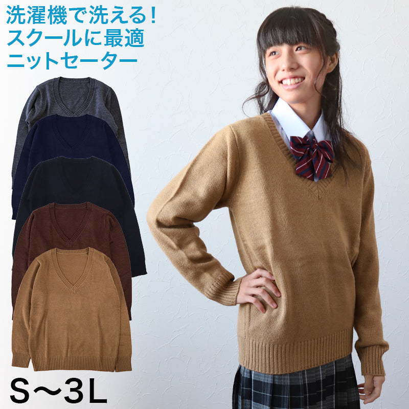 スクールセーター 女子 高校生 制服 ニット セーター 学生 Vネック S~3L 洗える 中学生 ウール 学校 無地 黒 紺 ベージュ 大きいサイズ 冬 秋 レディース スクール 女子高生 長袖 M L LL 3L