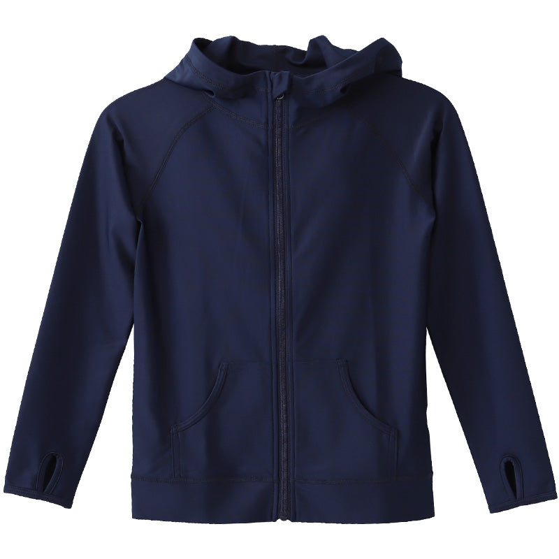 キッズ ラッシュガード フード付き 長袖 指穴 UVカット 子供 ジップパーカー 90~170cm 男の子 女の子 無地 スポーツ レジャー 水遊び uv 紫外線対策 小学生 中学生