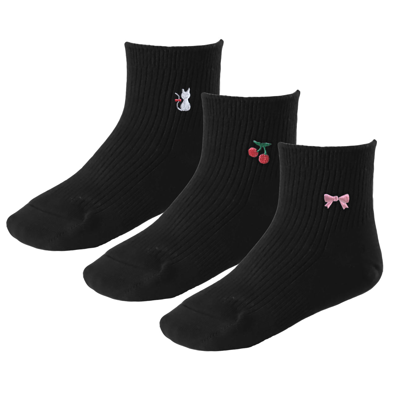 スクールソックス ワンポイント キッズ 靴下 小学生 中学生 ショートソックス 3足セット 14-16cm~18-20cm 子供 女の子 女子 白 紺 黒 小さいサイズ 両面刺繍 保育園 幼稚園 ショート丈 猫 リボン かわいい 通園 通学 子ども まとめ買い
