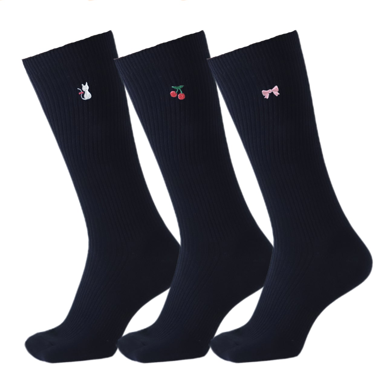 スクールソックス ワンポイント 3足セット 女子 靴下 通学 スリークォーター丈 14-16cm~18-20cm 白 紺 黒 短め ハイソックス 小学生 中学生 学校 子供 キッズ 両面刺繍 かわいい 通園 (在庫限り)