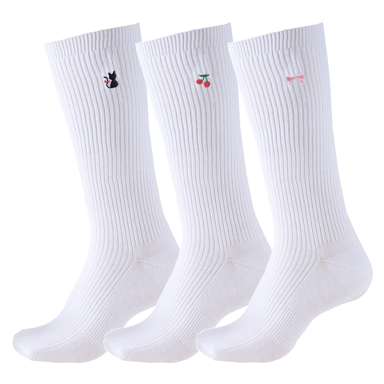 スクールソックス ワンポイント 3足セット 女子 靴下 通学 スリークォーター丈 14-16cm~18-20cm 白 紺 黒 短め ハイソックス 小学生 中学生 学校 子供 キッズ 両面刺繍 かわいい 通園
