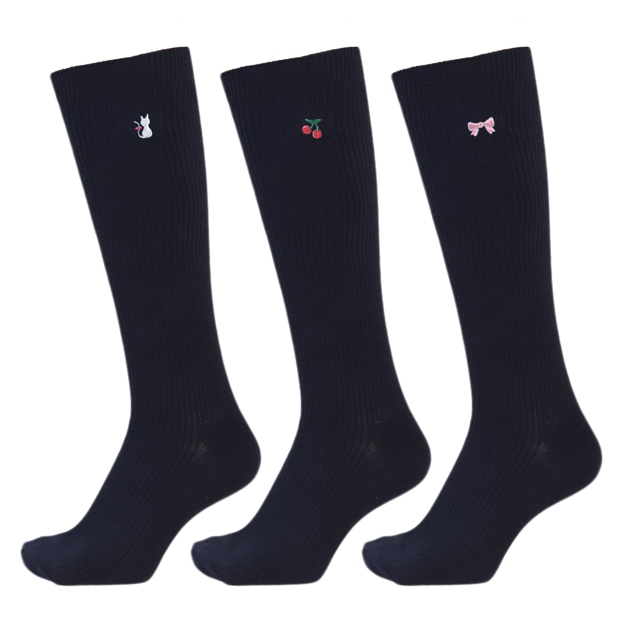 スクールソックス ワンポイント ハイソックス 女子 靴下 通学 3足セット 14-16cm~18-20cm 白 紺 黒 小学生 中学生 ソックス 学校 子供 キッズ 両面刺繍 通園 かわいい (在庫限り)