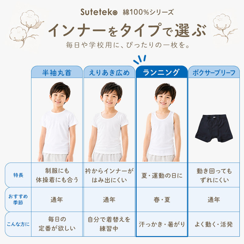 子供 肌着 男の子 ランニングシャツ 3枚セット 綿100% 抗菌防臭 キッズ ジュニア インナー 下着 綿 コットン ノースリーブ タンクトップ 袖なし 100 110 120 130 140 150 160 170 cm やわらか 無地 シンプル スクール 制服 小学生 中学生