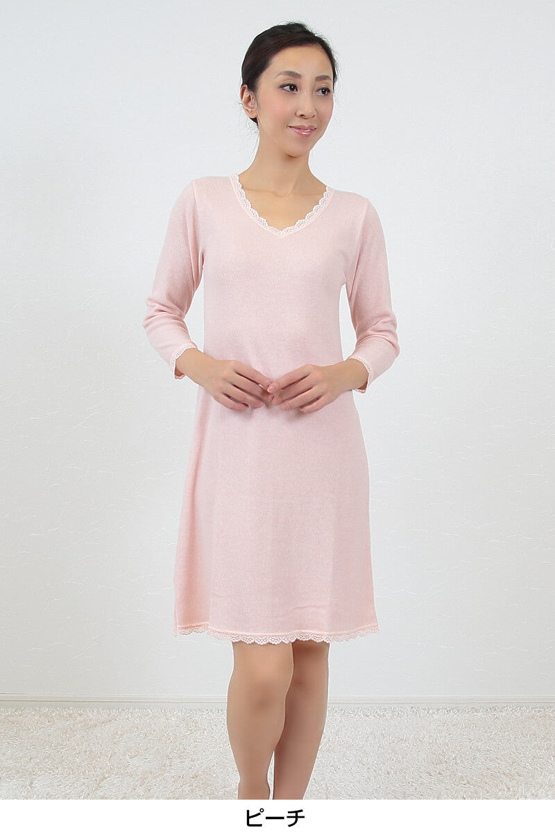 清光ランジェリー 素肌工房 綿混 両起毛 遠赤外線 婦人 8分袖シミーズ (M90~LL95) (在庫限り)