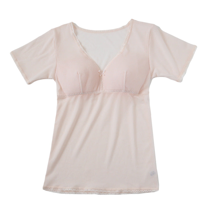 メッシュ ブラキャミ 半袖 インナー レディース 日本製 M~3L 下着 ノンワイヤーブラ 夏 涼しい さらさら サラサラ カップ付き 締め付けない 敏感肌 蒸れない らくらく 大きいサイズ LL 3L 軽い 軽量 薄い シニア 50代 60代 (在庫限り)