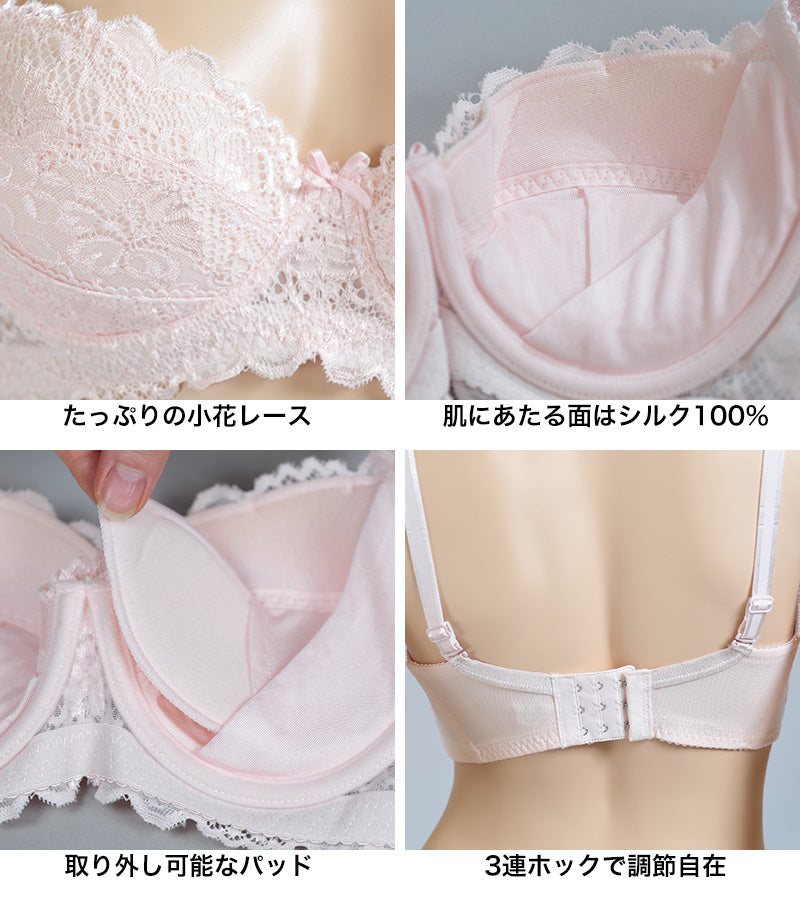ブラジャー 肌側 シルク100% ワイヤー入り レース M L LL レディース 女性 下着 インナー シルク 絹 3/4カップ A70 A75 A80 B70 B75 B80 C70 C75 C80 D80 E80 快適 蒸れにくい 肌に優しい 天然素材 春夏 秋冬 オールシーズン (送料無料)