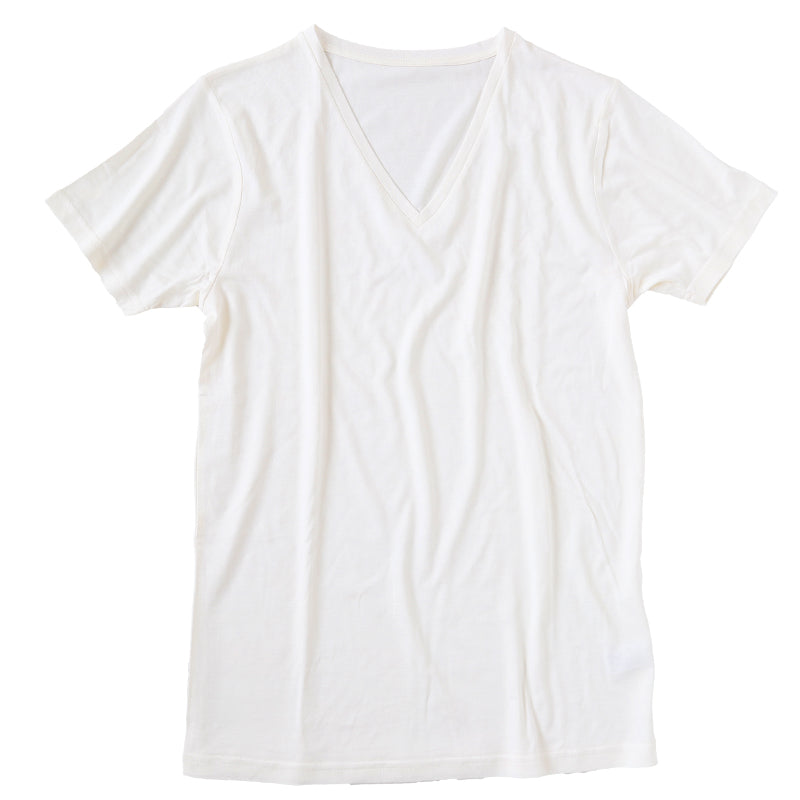 メンズ シルク&コットン 半袖 Vネックシャツ M~LL (白 半袖シャツ 絹 綿 綿混 絹混 V首 Tシャツ 無地) (送料無料)