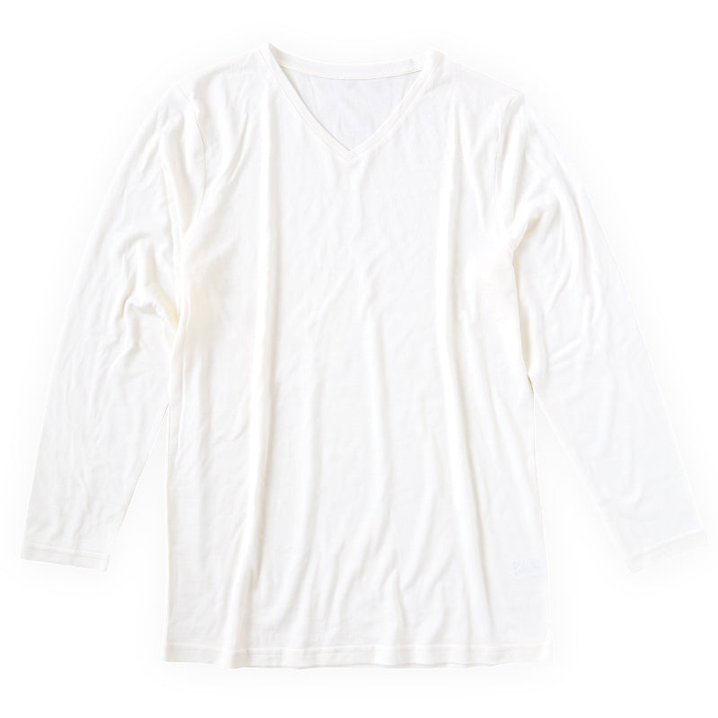 メンズ シルク&コットン 長袖 Vネックシャツ M~LL 白 長袖シャツ 絹 綿 綿混 絹混 V首 Tシャツ 無地 インナー 下着 肌着 (送料無料)