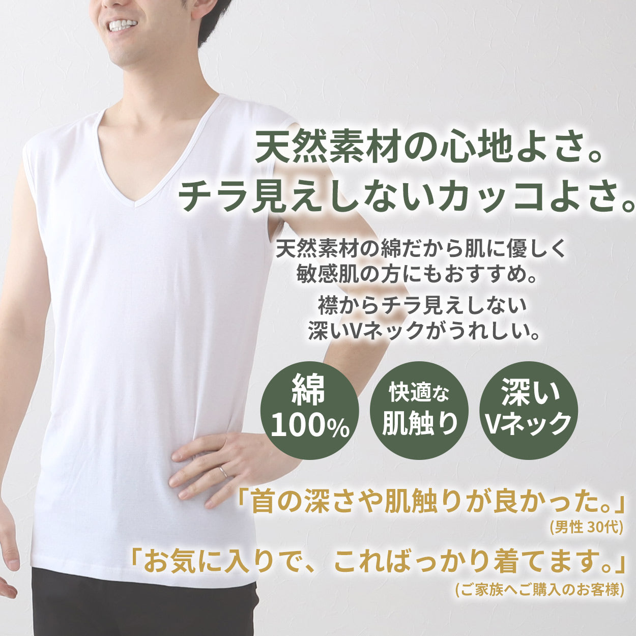 綿100% ノースリーブ メンズ インナー Vネック 深め シャツ 下着 肌着 薄手 白 黒 敏感肌 スリーブレス 無地 S~LL